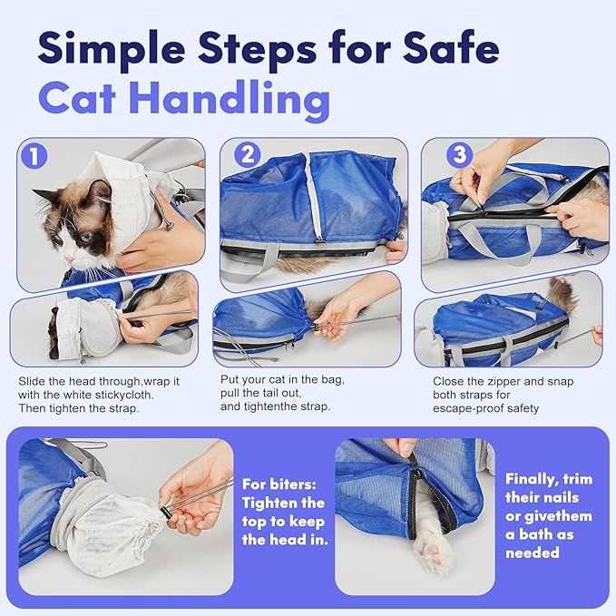 Cat Bathing Bag Anti Scratch Bite Breathable Mesh- Cat Grooming Bag for Nail Trimming, Injections, Medication, Dental Care, Vet Visits, Cats Shower Bag with Zippers,Blue M