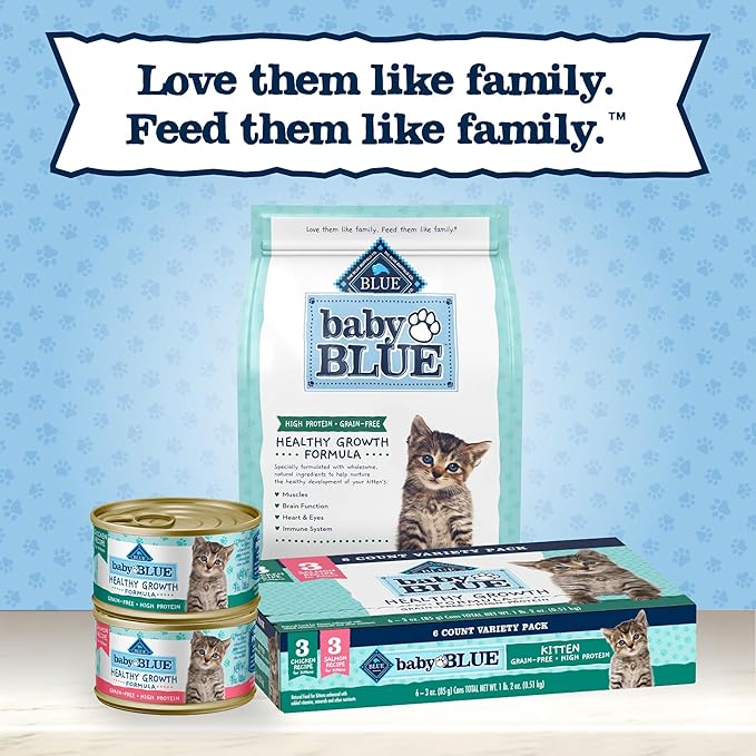 Blue Buffalo Baby Blue Natural Kitten Wet Cat Food Paté Variety Pack, Healthy Growth Formula with DHA, High-Protein & Grain-Free, Chicken and Salmon Recipes, 3-oz Cans (6 Count, 3 of Each)