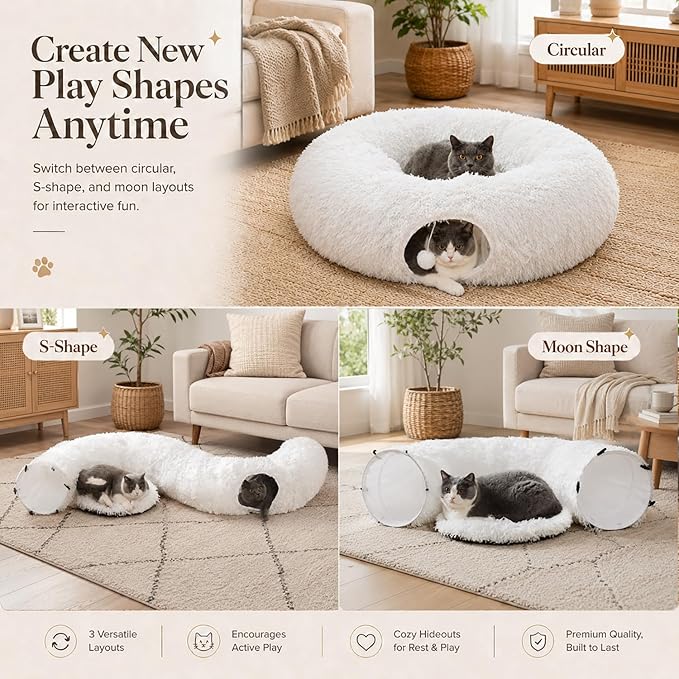 Feather Fluffy Plush Cat Tunnel Bed Big Tube Playground Toys 3 FT Diameter Longer Collapsible, for Indoor Cat Kitty Kitten Puppy Rabbit Ferret Snow White