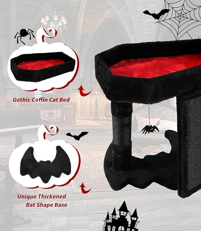 Gothic Cat Tree Tower with Coffin Cat Bed for Indoor Cats, Halloween Spooky Cat Scratcher,Goth Cat Tree with Sisal Scratchig Post and Spider Dangling Toys,Black with Red