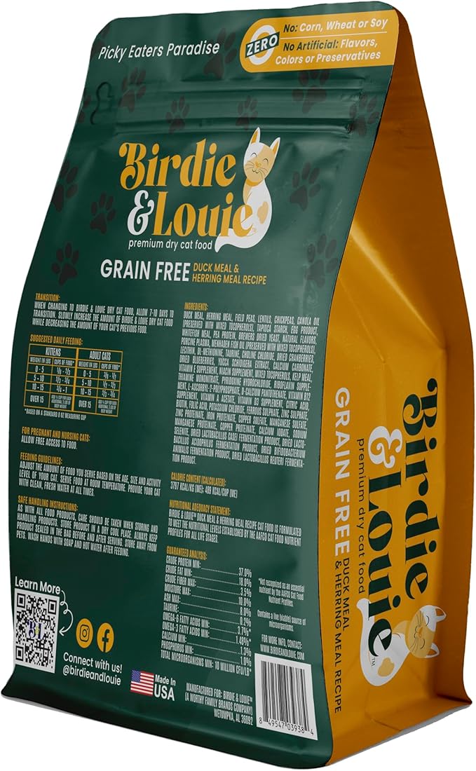 Birdie and Louie Dry Cat Food Duck Meal & Herring Meal Recipe 3.5 Lb Easy Seal Bag (4 Bags)