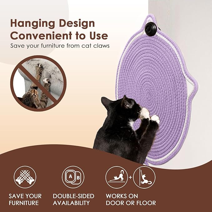 Letalong Cat Scratcher Mat, Natural Cotton Rope Cat Scratch Pad, 15.7'' Round Horizontal Floor Cat Scratching Pads for Indoor Cats, Cat Furniture Protector for Wall, Couch, Carpets, Sofas, Purple