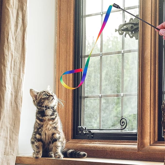 Molain Cat Wand Interactive Toy, 5 Sets Colorful Fabric Ribbon Sticks, Indoor Interactive Cat String Toy