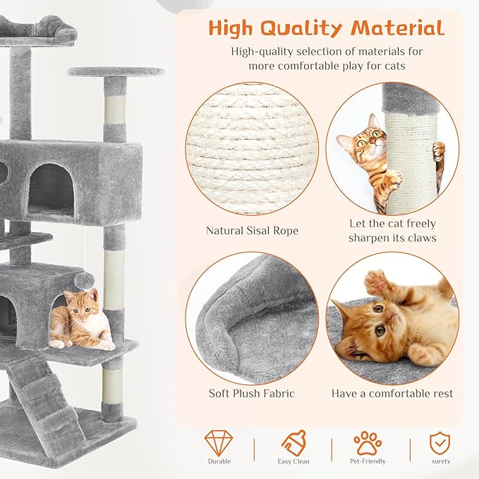 54 Inch Cat Tree, Multi-Level Cat Tower with Condo, Sisal Scratching Posts and Climbing Ladder, Play Toy Balls House for Indoor Cats, Light Grey