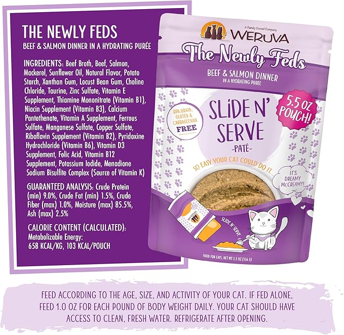 Weruva Wet Cat Food, The Newly Feds with Beef and Salmon Pate, 5.5oz Slide N Serve Pouch, Pack of 12