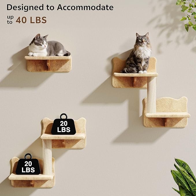 Cat Wall Shelves, Wall Mounted Pet Shelf Furniture w/Plush Fabric(26 Piece Set), 63''H Cat Tower w/Scratching Posts, Cats Furniture with 40''L Tunnel, Condos, House, Steps and Ladder, Beige