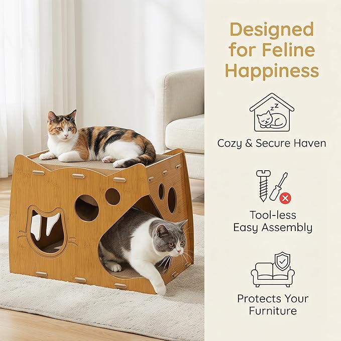 WRINGKIT Cat Scratcher House, 2 in 1 Cat Cardboard House with 2 Scratching Pads, Sturdy Cat House Lounge for Indoor Cats to Rest and Hide, Maximum Load Capacity 66 Lbs