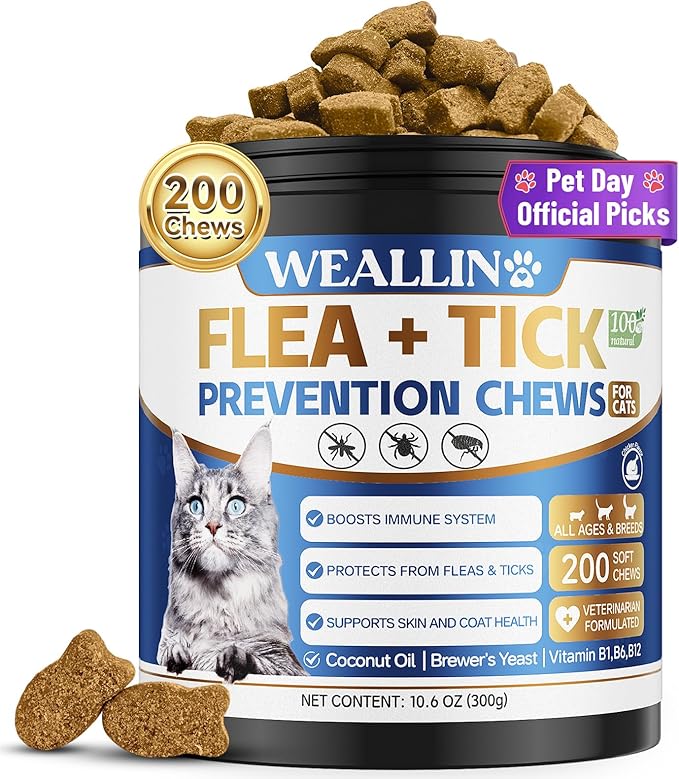 Flea and Tick Prevention for Cats, 200 Soft Chews for Fleas Treatment for Cats, Natural Cat Oral Flea Chewables Support Supplement, Flea and Tick Chews for All Breeds & Sizes