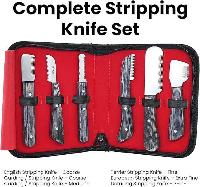 Dog Grooming Stripping Knife Set – 6-Piece Stainless Steel Hand Stripping Tools with Wooden Handles – Coarse, Medium, Fine & Extra-Fine Knives for Dogs, Cats & Wire-Coated Pets (Black)