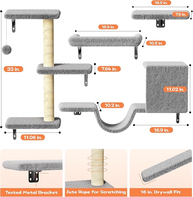 6-in-1 Wall Mounted Cat Climber Set for Heavy Cats，Wall Shelves,Stable & Safe Cat Furniture Set for Large Cats, Wooden Climbing Wall with Scratching Post (Gray)