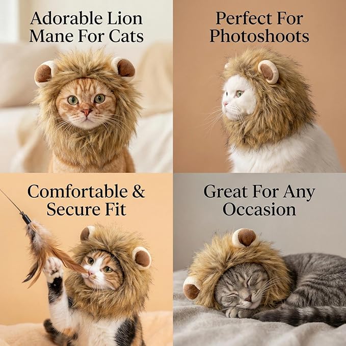 Adjustable Lion Mane Wig Pet Costume for Cats, Soft Halloween Cat Clothing with Secure Fit, Comfortable Polyester Feline Apparel for Parties, Fun Photo Sessions with Adorable Cat Costumes (Size M)