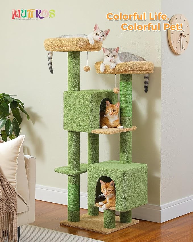 MUTTROS Cactus Cat Tree, 52.4" Cat Tower for Indoor Cats, Cute Cat Tree with 2 Padded Perches, 2 Condos & 2 Scratching Posts, Green