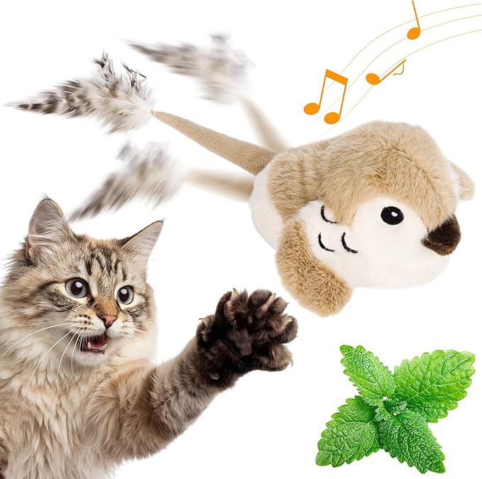 Pawingcat Moving Cat Toy Automatic Cat Toys Interactive Bird Cat Toy with Catnip Toys Wagging Tail Chirp Tweet Rechargeable Interactive Kitten Toy（No Flying Bird）