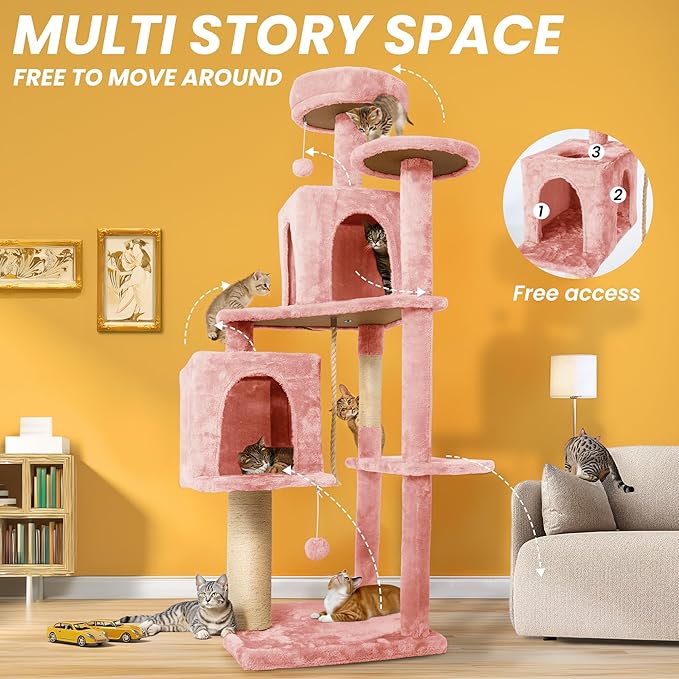 59in Large Cat Tree Tower for Indoor Cats with Soft Plush Hang Ball, Two Condos, Sisal Scratch Posts & Rope Play for Kittens/Adult Cats, Pink