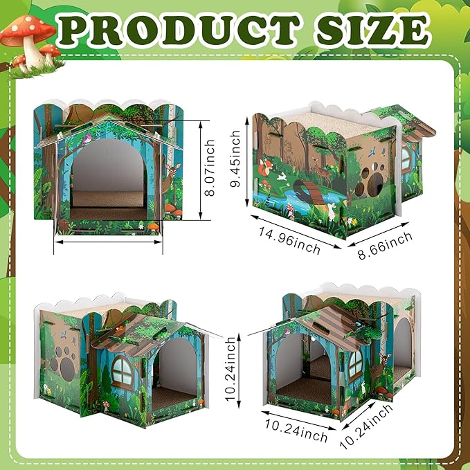 Lineshading 2 Story Cardboard Cat House with Scratcher Pad, Multi Level Durable Cat Scratcher House for Small Kitten Bunny Rabbit Animals Christmas Birthday Gift(17x12x10,Forest)