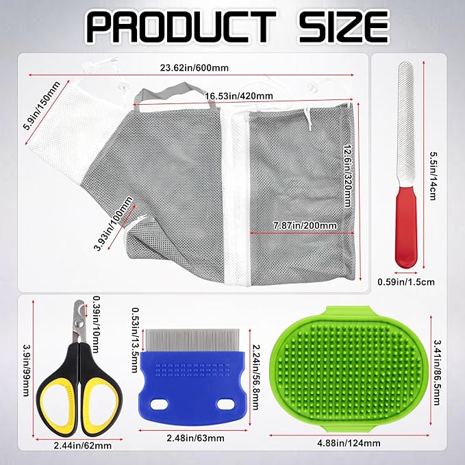 Cat Mesh Bathing Bag, Adjustable Cat Bath Bag with Nail Clipper, Bath Brush, Nail File & Comb, Anti-Scratch Shower Bag for Pet Grooming, Bathing & Restraint, Durable Washing Bag for Cats