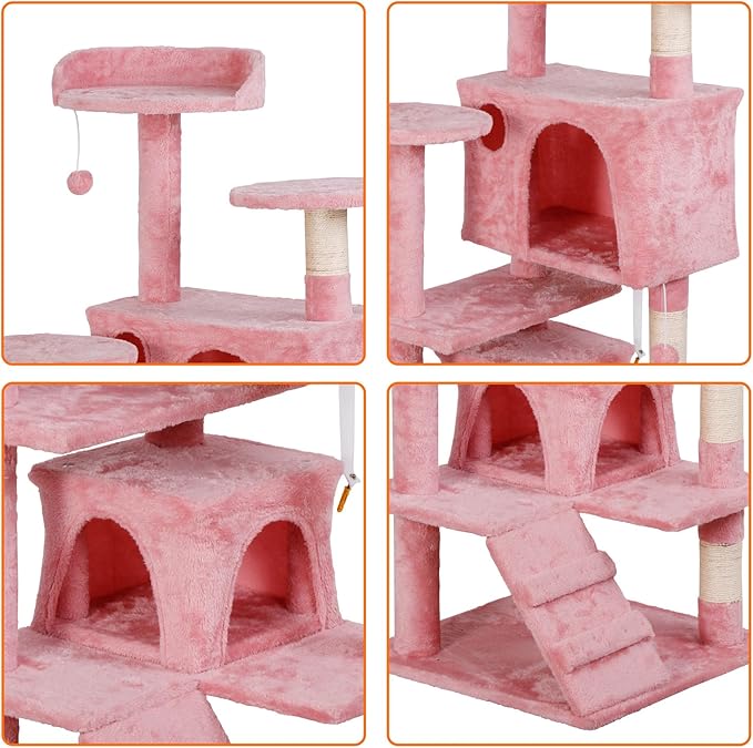 52” Multi-Level Cat Tree Condo Furniture Kitten Activity Play House Bed Pet Kitty Climbing Tower with Scratching Posts/Plush Perch/Scratcher Ladder/Tunnel for Cats,Kittens,Pets (Pink)