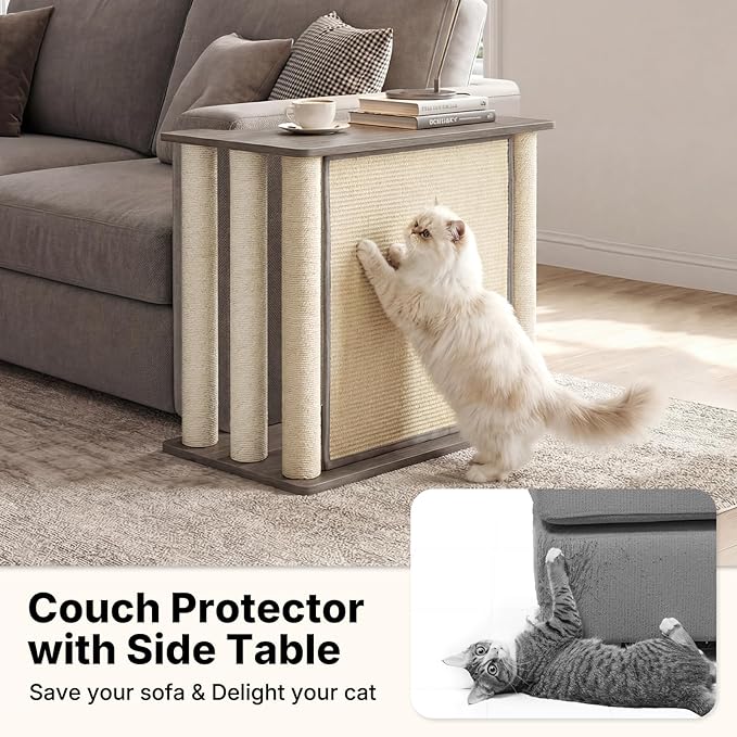 Veehoo Couch Protector from Cat Claws, Couch End Table with Cat Scratch Panel and Scratching Posts, Pet Corner Sofa Side Table Scratcher, Gray, Right