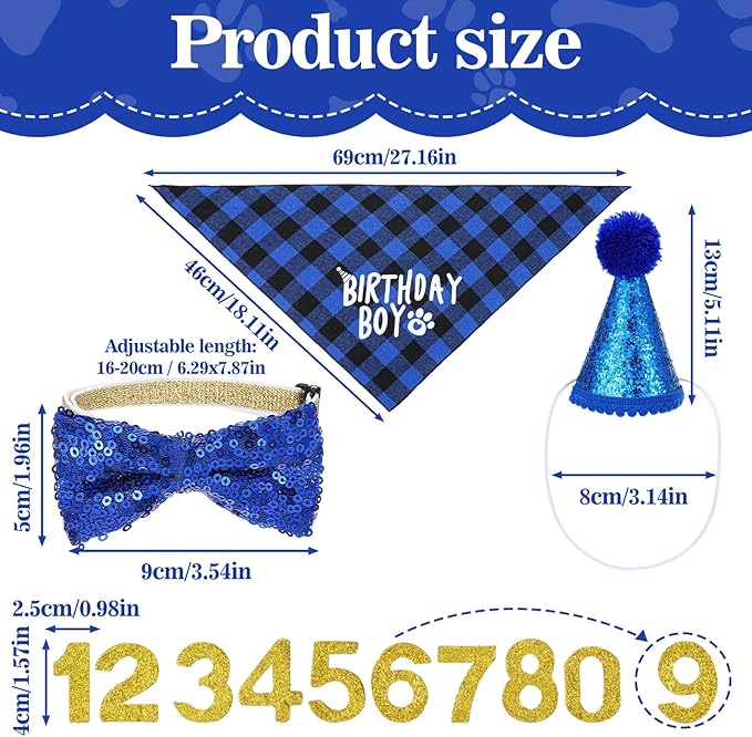 Cat Birthday Hat Set, Small Pet Birthday Party Supplies, Bandana Bow Tie Collar Hat with Number for Cats Kittens Apparel Outfits (Blue)