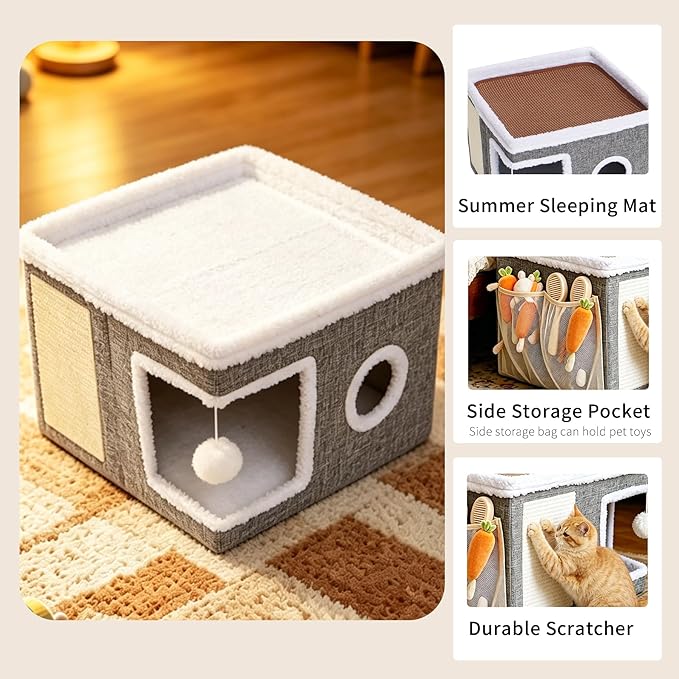 Foldable Cat Cave Bed for Indoor Cats, Cat Hideaway House with Hanging Fluffy Ball & Scratch Pad, Side with Toy Storage and Summer Cooling Mat, 16.14x16.14x12.2 Inches, Grey