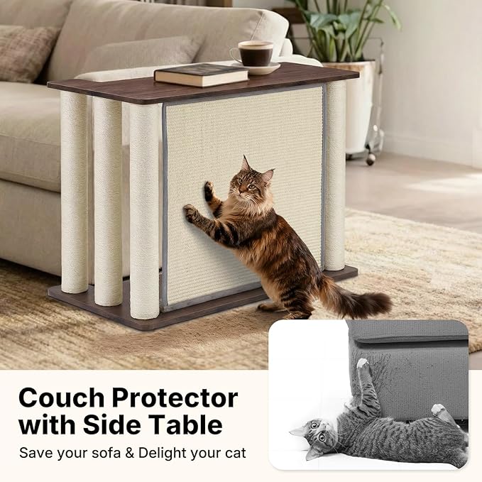 Veehoo Couch Protector from Cat Claws, Couch End Table with Cat Scratch Panel and Scratching Posts, Pet Corner Sofa Side Table Scratcher, Black Walnut, Right