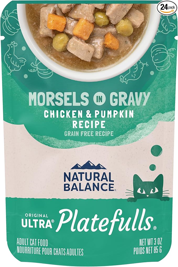 Natural Balance Original Ultra Platefulls Adult Grain-Free Wet Cat Food, Chicken & Pumpkin Recipe, 3 Ounce Pouch (Pack of 24)