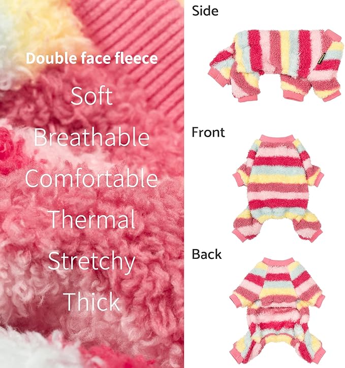 Fitwarm Fuzzy Striped Dog Fleece Pajamas, Warm Winter Clothes for Small Dogs Girl, Cozy Pet Outfit with Feet, Pink, Red, Yellow, XS