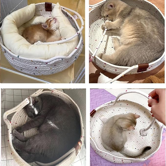 Hand Woven Cat Bed with Toy Tail Natural Cotton Rope Cat Scratch Pad Cozy Cat Scratching Mat with Cat Ball Toy Cat Furniture Protector for Wall, Couch, Carpets, Sofas （White） (White)