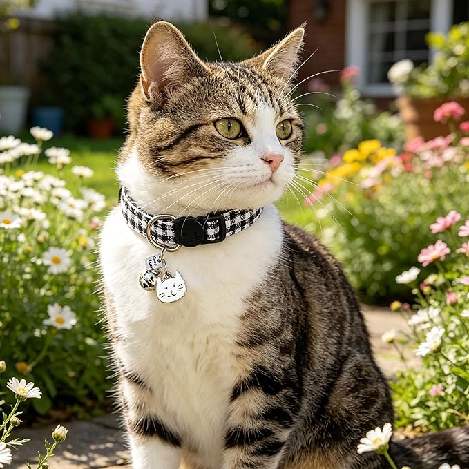 2 Pack Cotton Breakaway Cat Collars with Bell and Charms Black Solid Plaid Safety Collars for Girl Boy Cats, Cat Head and Paw Pendant Cute Kitten Collars