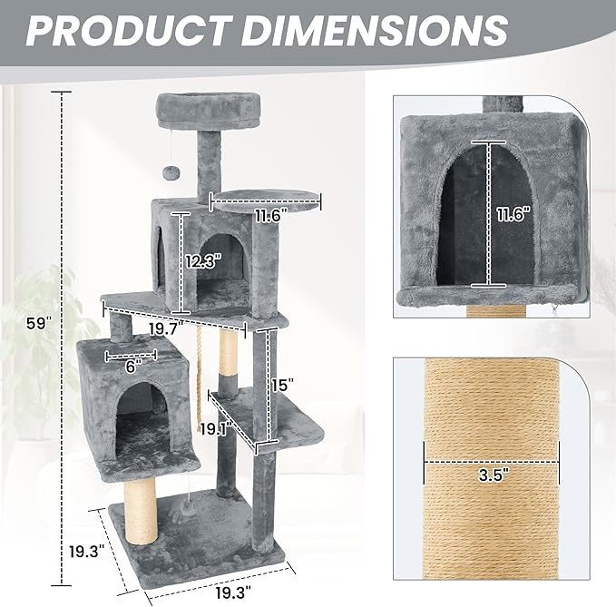 59in Large Cat Tree Tower for Indoor Cats with Soft Plush Hang Ball, Two Condos, Sisal Scratch Posts & Rope Play for Kittens/Adult Cats, Grey