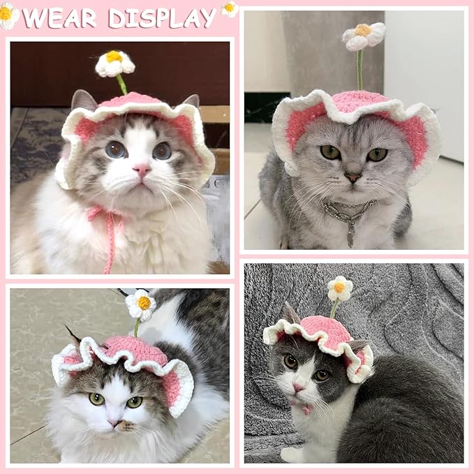 Cute Knit Cat Hat,Handmade Crochet Dog Hat Halloween Christmas Party Costume Headwear for Puppy Cat Kitten Pet Puppies (Pink, Small)