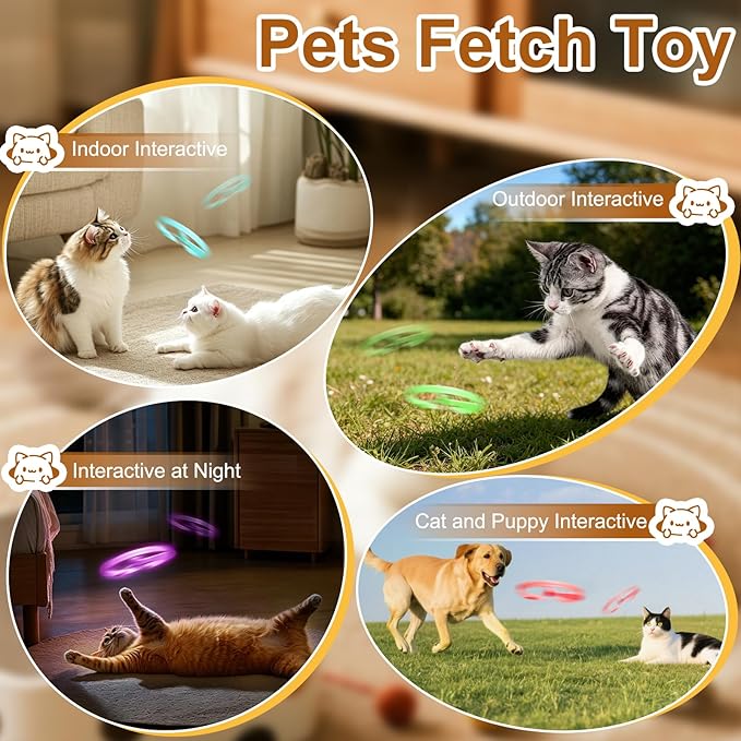 2 Pcs Cat Fetch Toy, Rechargeable Automatic Flying Disc Launcher with 12 Pcs Discs, Interactive Rotating Cat Toy for Indoor and Outdoor Use, Boredom Relief for Pets (White and Brown)