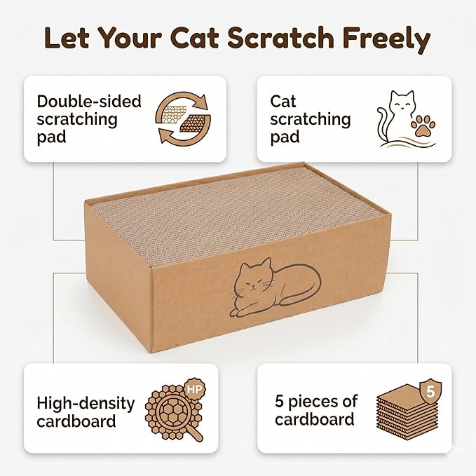 Multi-Use Cat Scratcher, 17.5" Large Cat Scratcher Pad 5 Pcs with Box, Eco-Friendly Reversible Cardboard Cat Scratcher Lounge for Indoor Cats and Kittens, Post and Furniture Protector