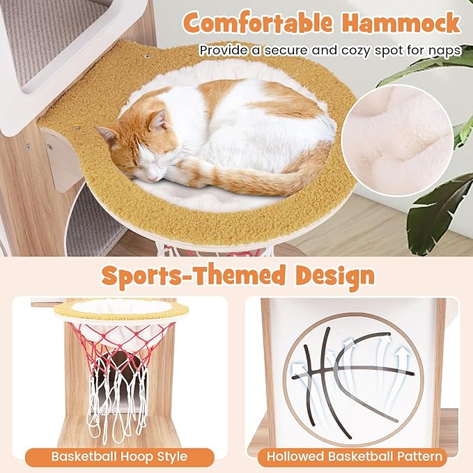 Tangkula Modern Cat Tree, 47 Inch Sports-Themed Cat Tower with Jute Scratching Posts, 2 Cat Condos, Perches, Basketball Hoop Hammock, Removable & Washable Cushions, Multi-Layer Large Wood Cat Tree