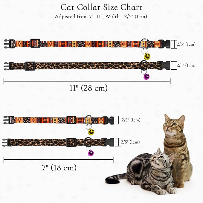 2 Pack Cat Collars with Bell - Breakaway Soft Collar for Girl & Boy Cats, Adjustable Safety Cute Kitten Collars – Comfortable Stylish Patterned Print Design Lightweight (Tribal + Leopard)