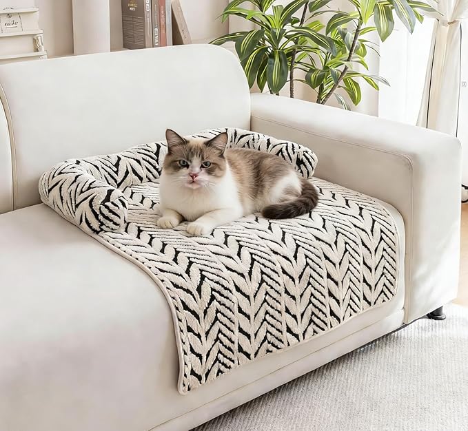 Cat Bed Blanket with Pillow, 23''x31'' Washable Pet Sofa Cover, Couch Protector Pet Blanket Cat Mat, Non-Slip Furniture Protector Mat (Black & White Leaf-Patterned)