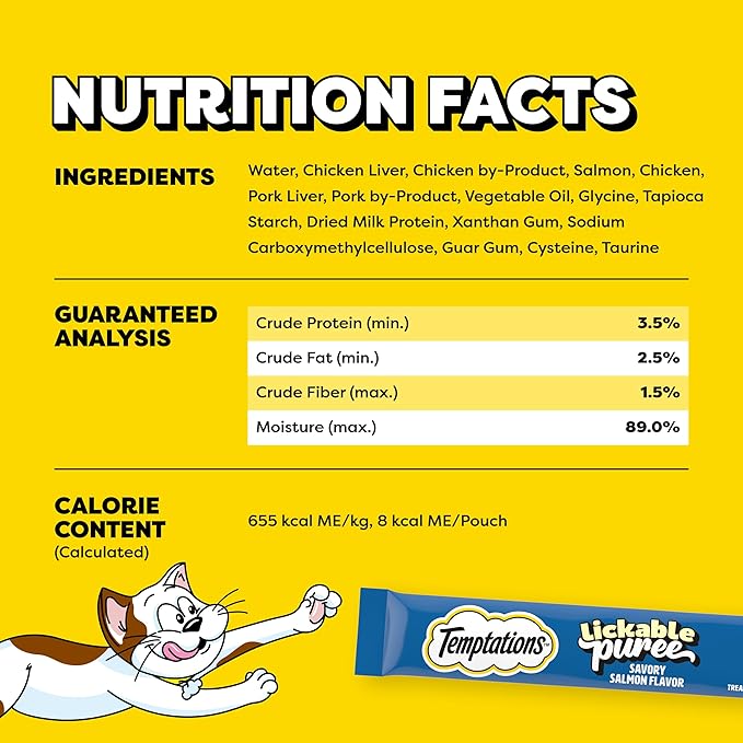 Temptations Creamy Puree Squeezable Lickable Cat Treats, Wet Cat Treats with Salmon, 0.42 oz. Tubes, 16 Count
