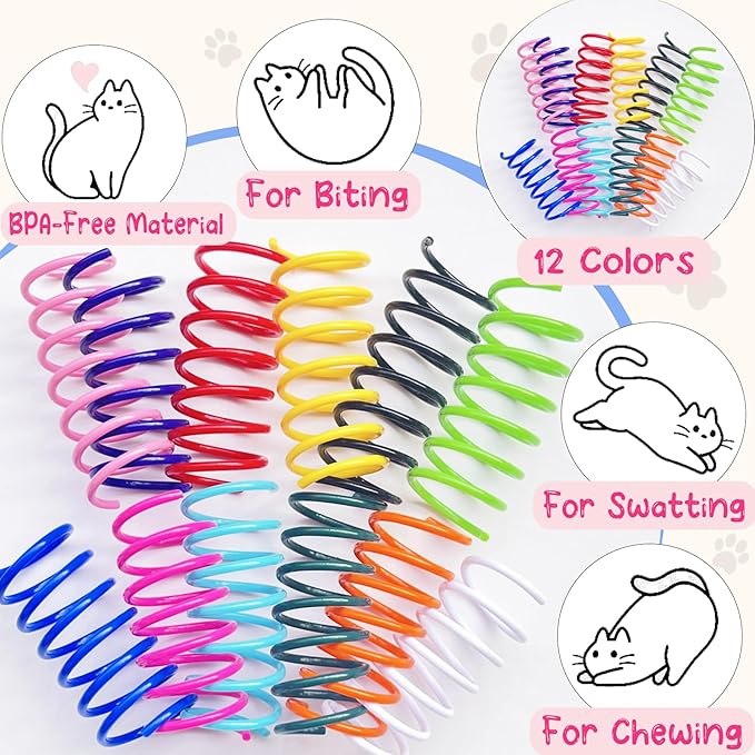 120 Pack Cat Spring Toy - 12 Colors Interactive Cat Toys for Kitten, Durable Plastic Cat Toy Springs for Indoor, Bouncy Spiral Coils for Swatting, Biting, Hunting and Active Play