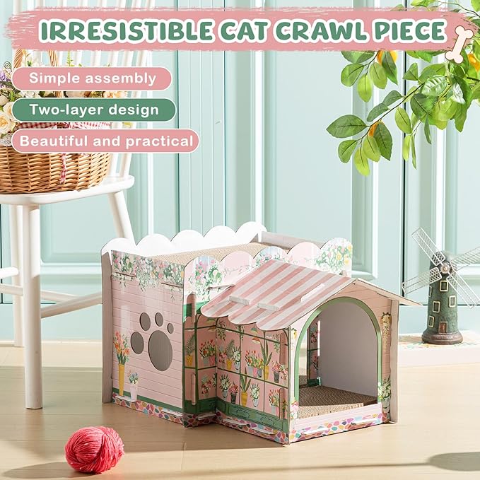 Lineshading 2 Story Cardboard Cat House with Scratcher Pad, Multi Level Durable Cat Scratcher House for Small Kitten Bunny Rabbit Animals Christmas Birthday Gift(17x12x10,Florist)