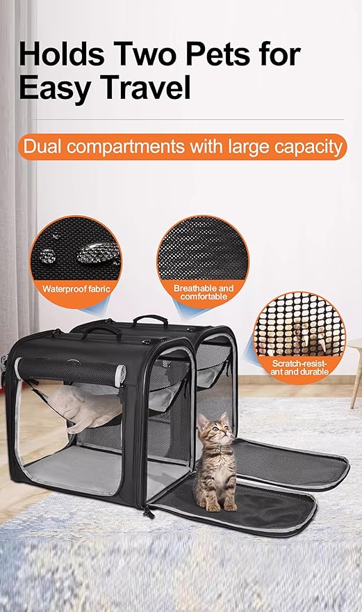 2-in-1 Cat Carrier for 2 Cats, Foldable Double Cat Carrier,Two Pets Carrier for Outdoor Travel with Secure Zipper Locks