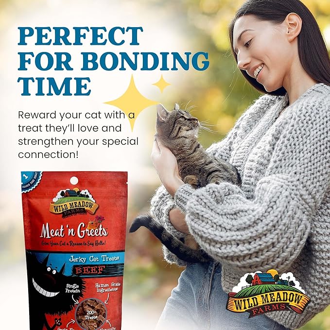 Cat Treats - Meat 'N Greets - Soft Jerky Treats with Real Meat, High Protein, Grain-Free, Perfect for Training & Rewarding, All Natural Snacks for Cats - Beef Flavor