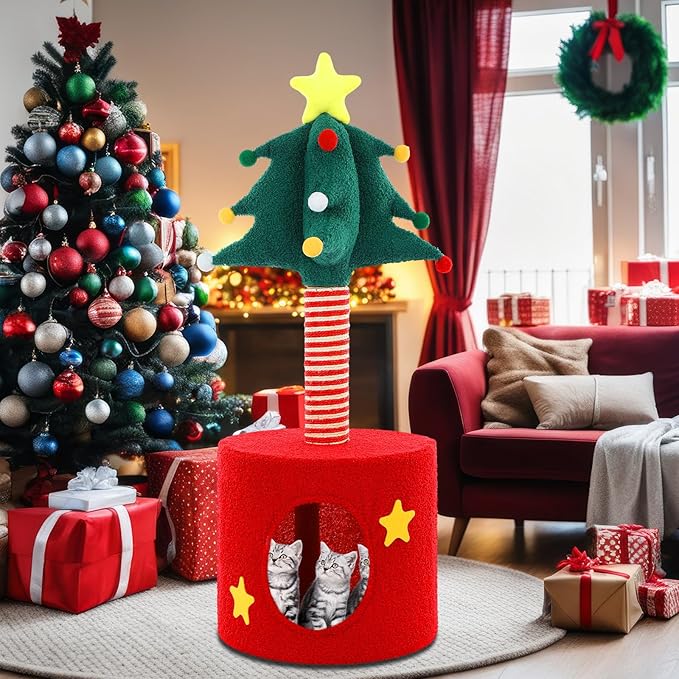 Christmas Cat Tree Tower with Sisal Scratching Post Scratcher and Gift Box Christmas Cat House Condo Bed 33 Inch for Indoor Kittens to Play and Sleep Xmas Holiday Decoration