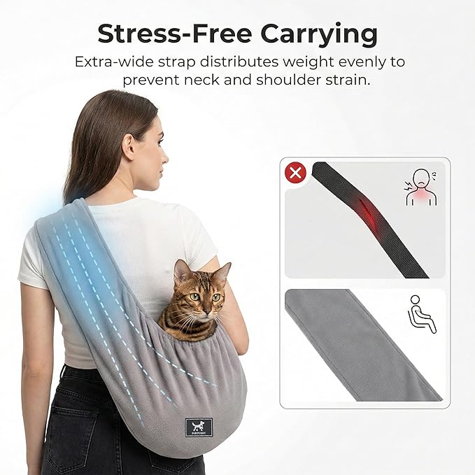 Cat Sling Carrier Critter Cuddler - Soft Breathable Cat Carrier, Pet Carrier for Cats/Kittens/Small Dogs (3-13 lbs), Hands-Free 2-Wearing Styles Indoor/Outdoor Cuddle Bag (Dark Gray)