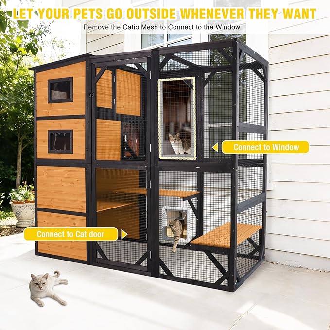 Aivituvin Large Catio Cat Enclosure Window for Outdoor Cats, Weatherproof Cat House with Roof, Resting Platforms & Windows, Indestructible Feral Cat Shelter for Backyard - Black and Brown