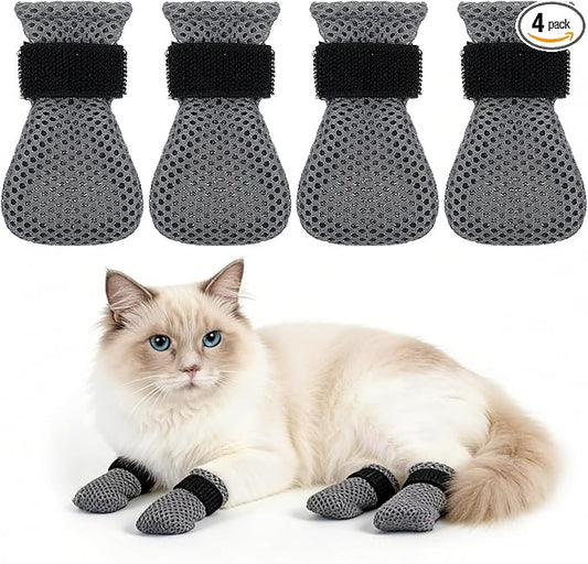 4Pcs Cat Mittens to Prevent Scratching, Adjustable Cat Booties Kitten Mittens, Mesh Breathable Cats Claw Protectors Covers, Grey Anti Scratch Cats Shoes Socks Booties for Pet Bathing Cutting Nails