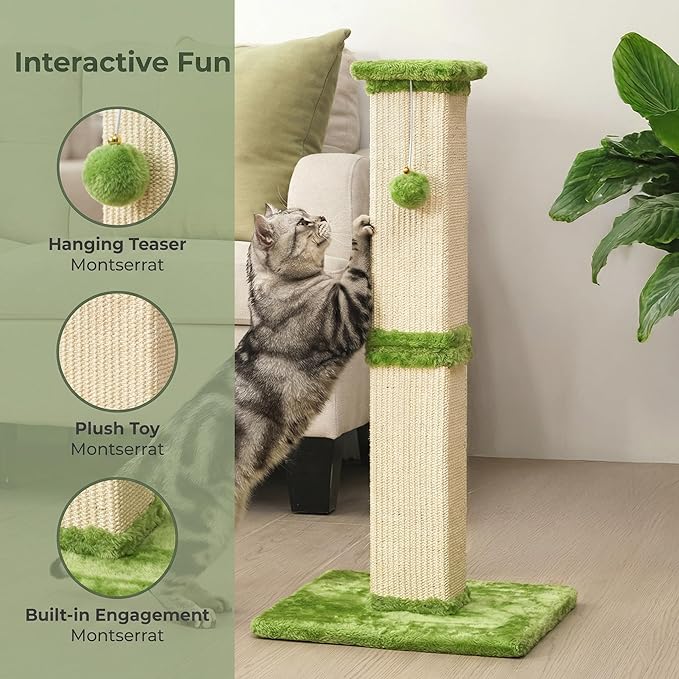 32" Tall Cat Scratching Post, Cat Scratcher with Heavy Duty Thick Wood Base, Cat Tower with Natural Sisal Rope and Hanging Ball, Plant-Like Design Scratching Post, for Small and Adult Kittens, Green