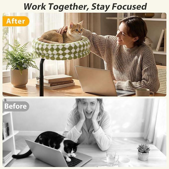 Sunhoo Cat Desk Bed 360° Rotating Height Adjustable Desktop Mount Hammock Kitten Perch Easy Setup Kitty Nest Table Clamp-on Attachment for Indoor Cats Washable 17" Diameter Hold Up to 40lbs（Green）