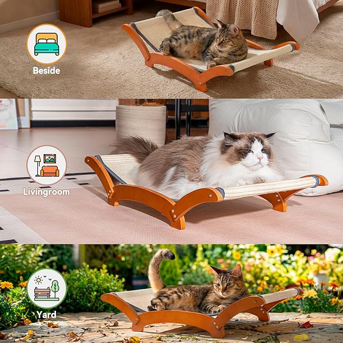JUNSPOW Sisal Cat Scratcher Bed for Indoor Large Cats Lounger & Sleep, Natural Durable Cat Scratching Hammock Pad Board, Solid Wooden Kitten Chair Furniture Easy Assembly