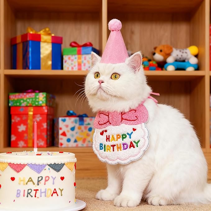 Reusable Cat Birthday Decorations Set - Adjustable Cat Birthday Hat & Bandana with Age Numbers | Kitty Celebration Kit for Memorable Milestones（Pink）