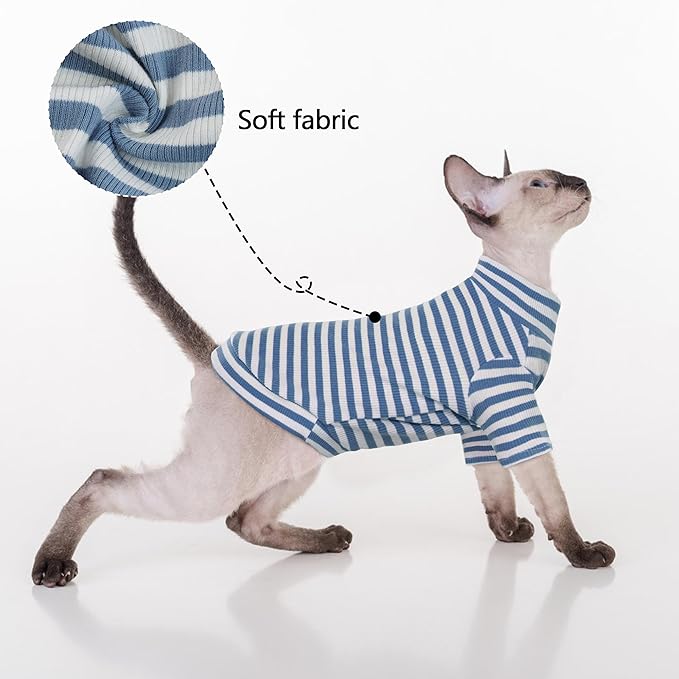 PUMYPOREITY Sphynx Cat Clothes: Soft Hairless Shirt With Sleeves, Stretchy Sweater, Pullover Pajamas Jumpsuit, Turtleneck Outfit for Sphynx Cornish Rex, Devon Rex - Blue, M
